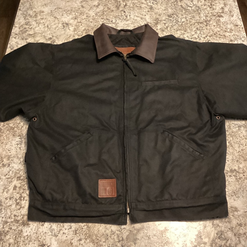 Men's Black Outback work Jacket with Brown Collar - Picture 2 of 11